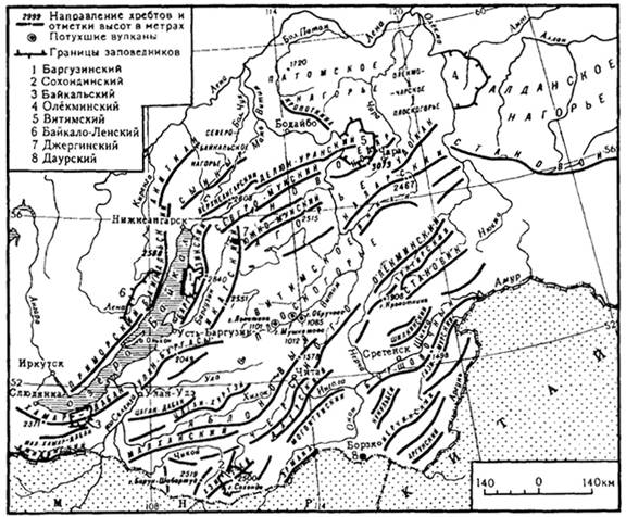 Рис. 33. Орографическая схема Байкальской горной страны