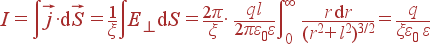 I = \int \vec{j}\cdot{\rm d}\vec{S} = \frac{1}{\xi}\int E_{\bot} {\rm d}S = \frac{2\pi}{\xi}\cdot \frac{ql}{2\pi\varepsilon_0\varepsilon}\int\limits_0^{\infty} \frac{r {\rm d}r}{(r^2+l^2)^{3/2}} = \frac{q}{\xi\varepsilon_0 \varepsilon}